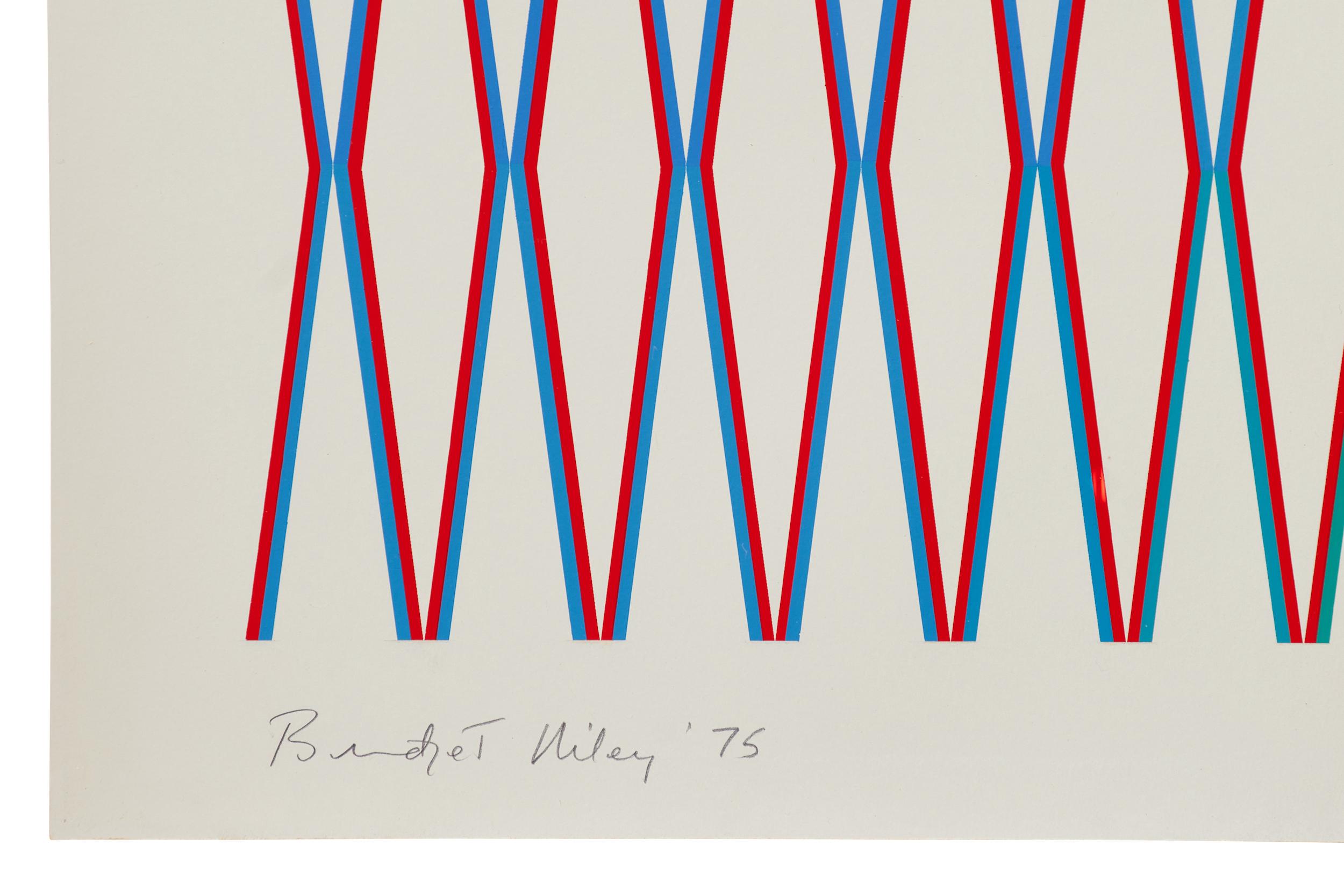 Splice, 1975
Bridget Riley

Screenprint in colours, on wove
Signed, dated, titled and, numbered from the edition of 45
Printed by Graham Henderson, London
Sheet: 75.3 × 54 cm (29.6 × 21.2 in)
Literature: Schubert 21; The Bridget Riley Art Foundation