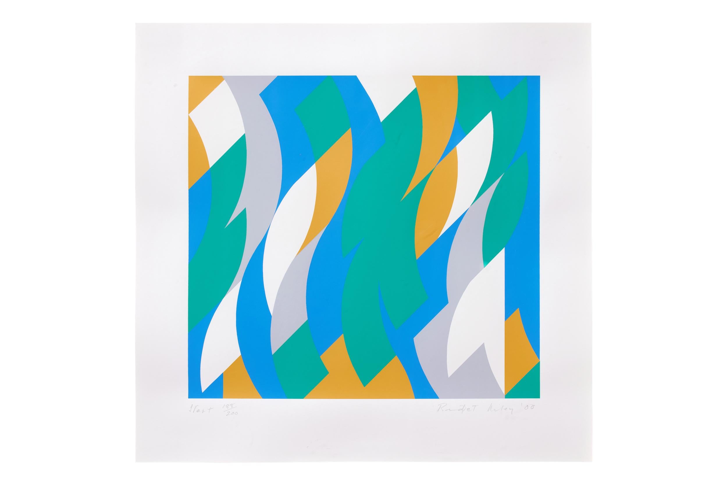 Start, 2000
Bridget Riley

Screenprint in colours, on paper
Signed, titled, dated and numbered from the edition of 200
Printed by Artizan Editions, Hove
Image: 34.8 × 38 cm (13.7 × 15 in)
Sheet: 47.5 × 49.4 cm (18.7 × 19.5 in)
Literature: Schubert