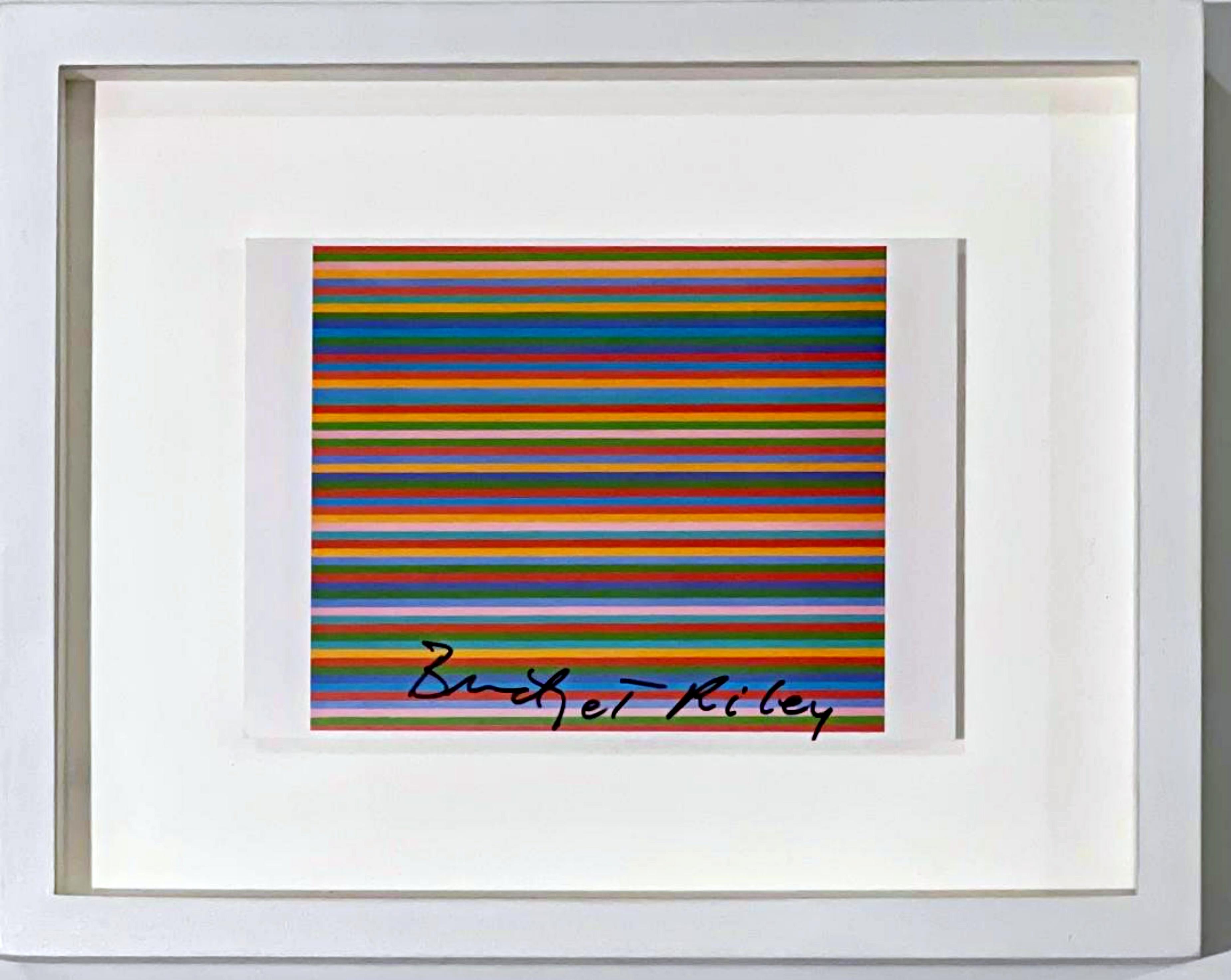 Bridget Riley
offset lithograph card
Boldly signed in black marker by Bridget Riley
Provenance: Acquired from an international auction house specializing in historical autographs
A gorgeous, scarce collectors' item when hand signed, as the present