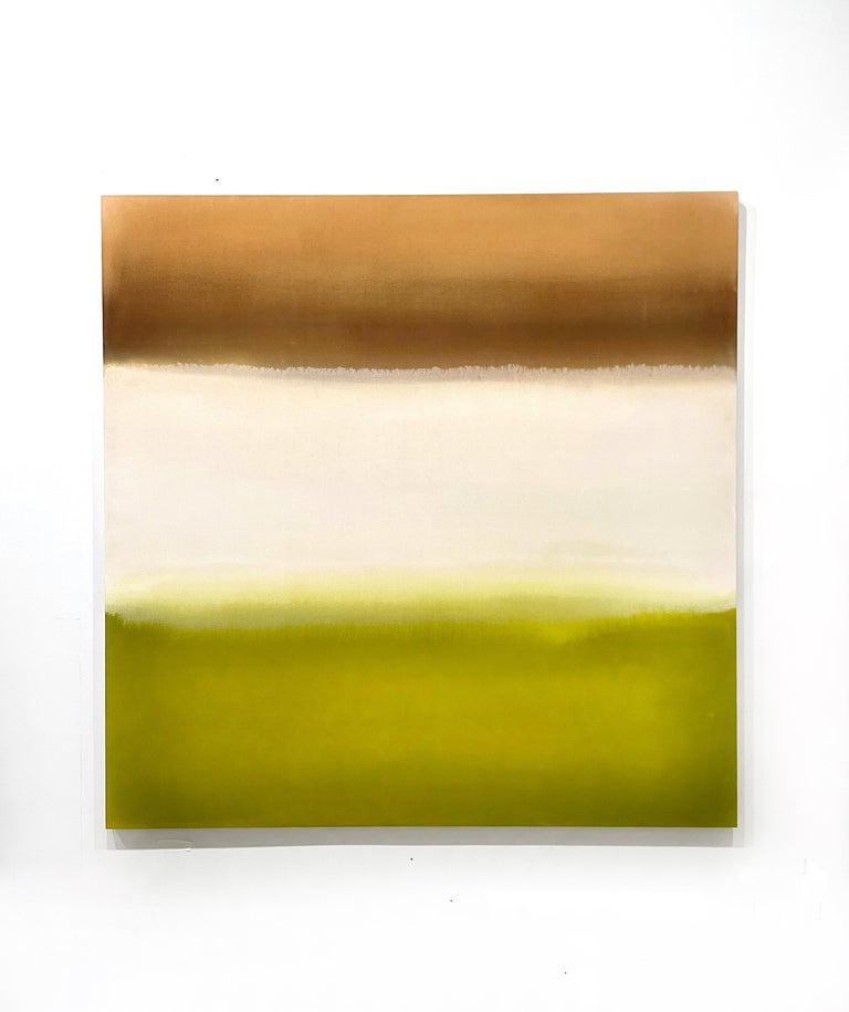Green, White, Brown, Burnt umber, geometric abstraction. Watercolor application, Acrylic Abstract Painting. Lime Green, Off White, Warm Brown.