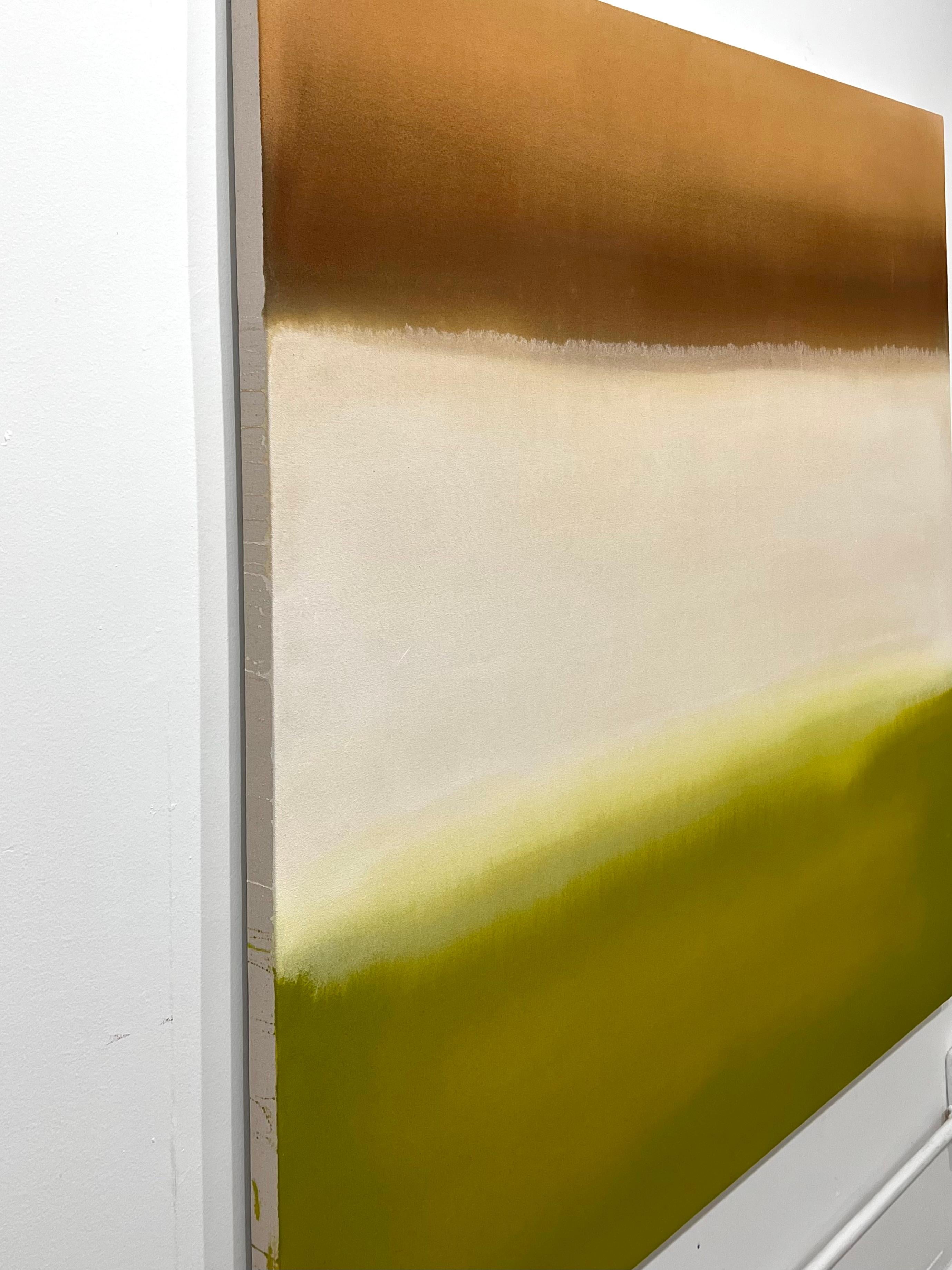 Geometrisches abstraktes Acrylgemälde in Limonengrün, warmem Weiß und Braun  (Geometrische Abstraktion), Painting, von Bridgette Duran