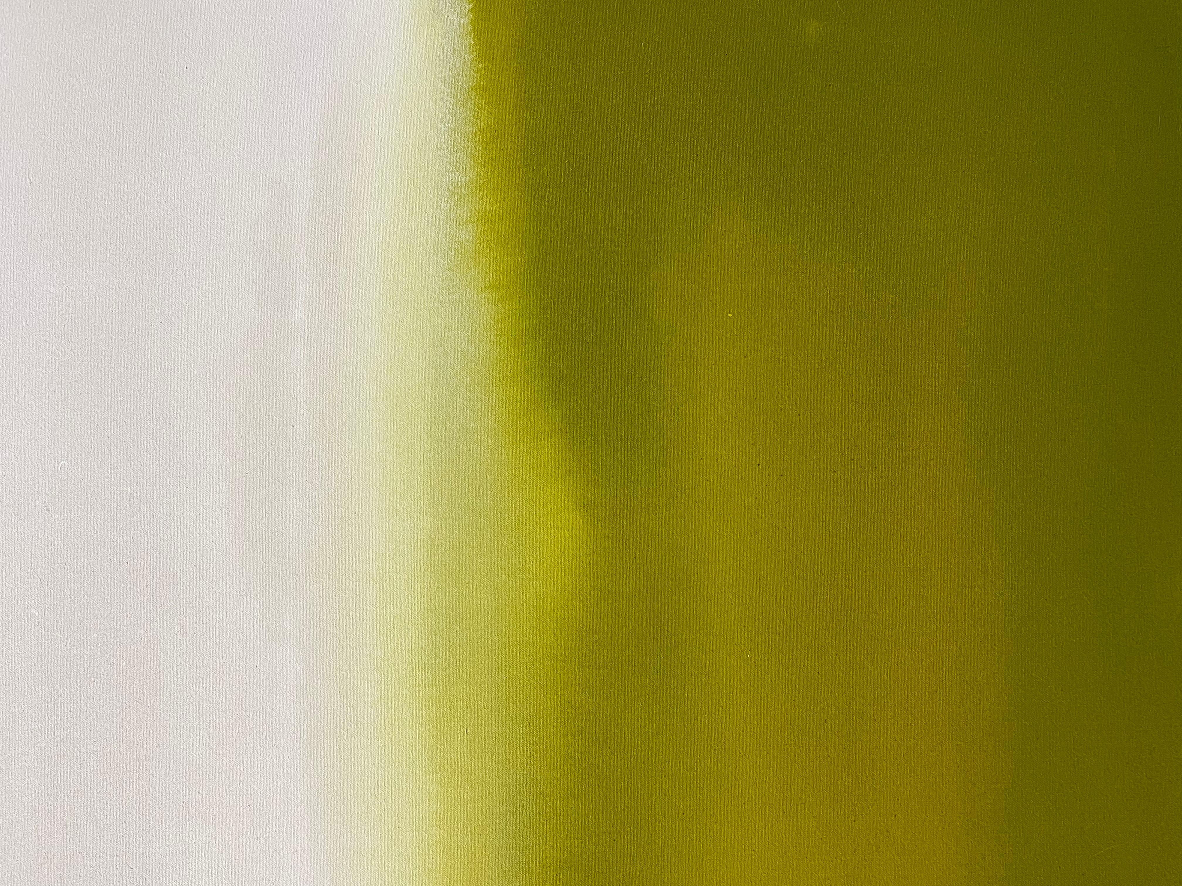 Grün, Weiß, Braun, Gebrannter Umbra, geometrische Abstraktion. Aquarellanwendung, abstrakte Acrylmalerei. Lime Green, Off White, Warm Brown.