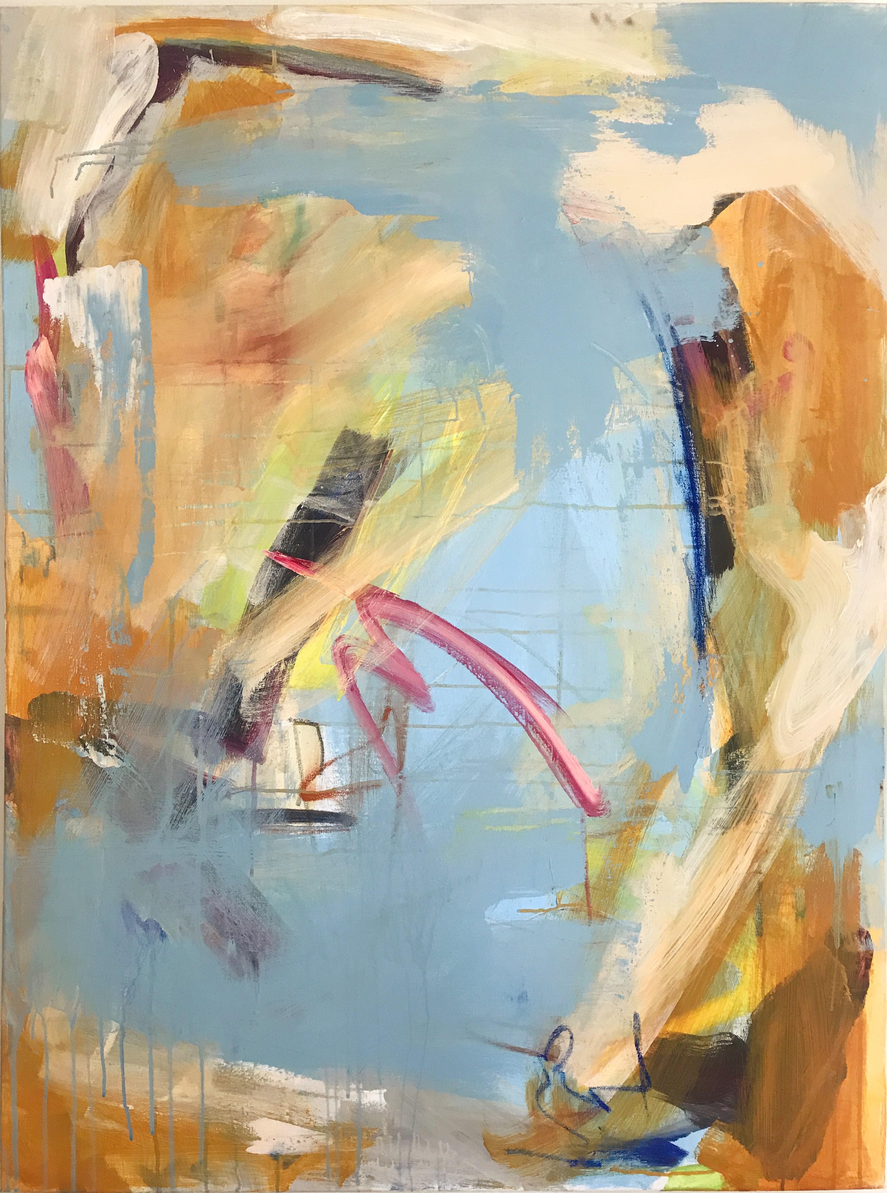 "Untitled Blue" by Bridgette Duran is a unique acrylic and pastel on canvas painting signed and titled by the artist on the back. The original abstract painting measures 48" H x 36" W. The artist painted the sides, and it does not require framing.