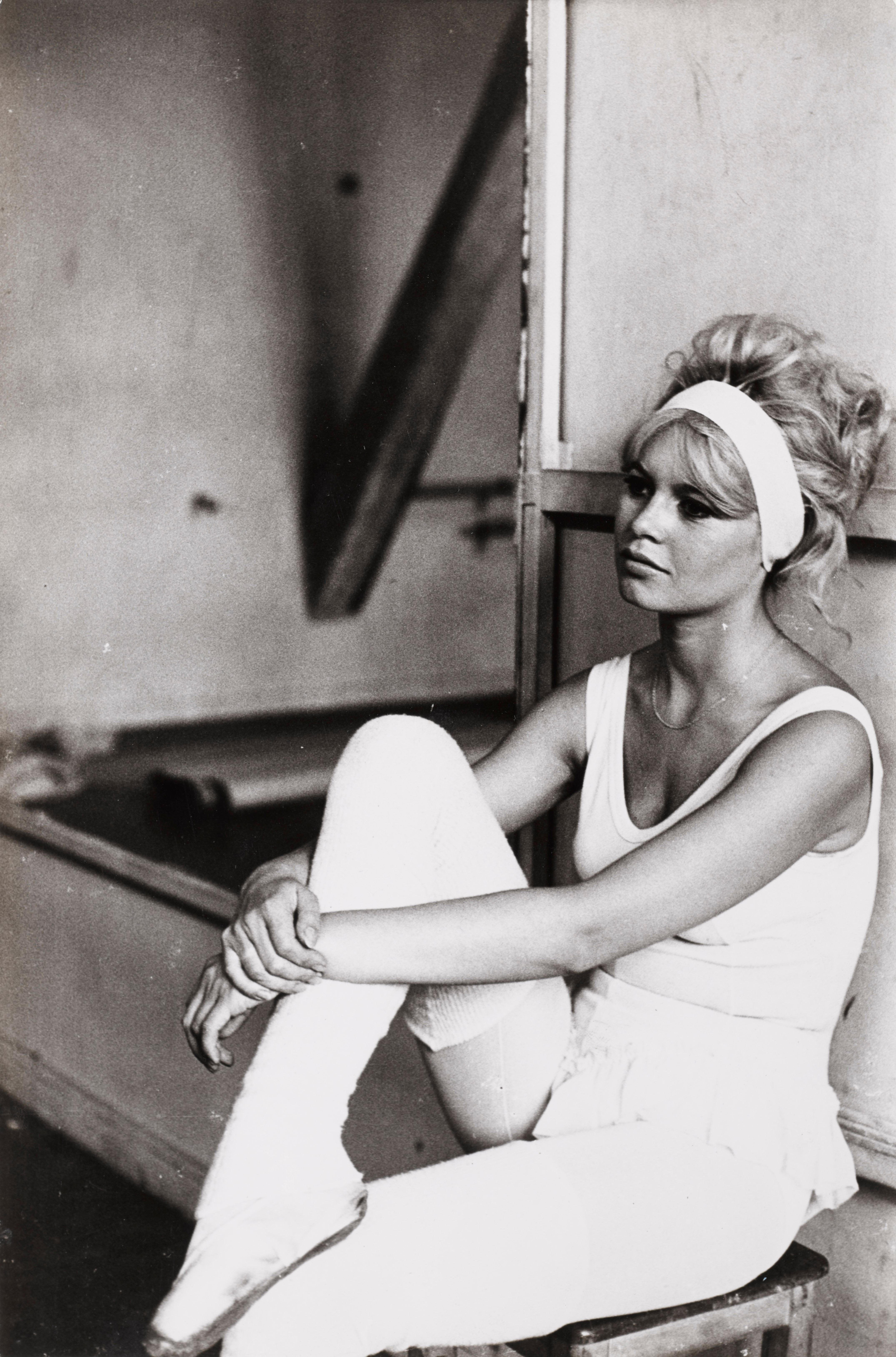 Original 1962 French vintage black and white publicity photograph of Brigitte Bardot on the set of the film A Very Private Affair.