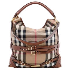 Used  Bridle House Check Gosford Large Brown Leather Canvas Hobo Bag