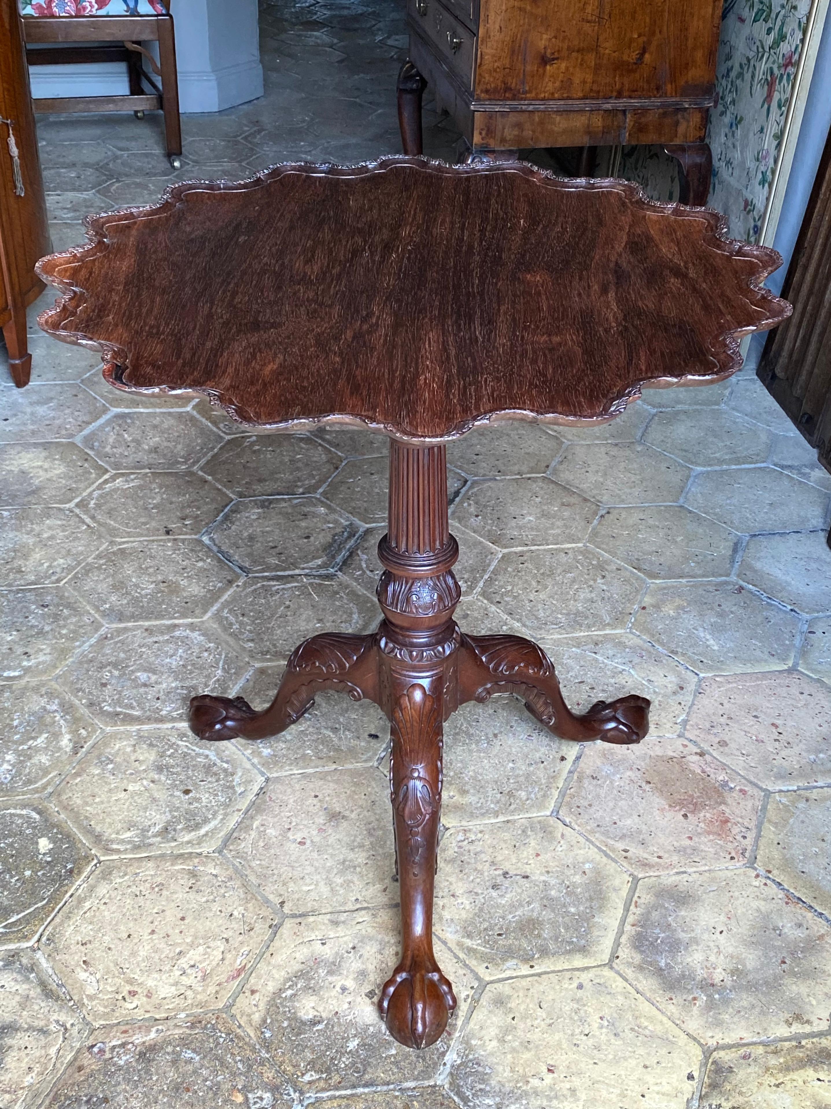 A very rare and finely-carved China trade padouk tripod table. Canton, ca 1750-1760.
Wonderful carving to the base, and a most unusual bold border to the top. Its outstanding idiosyncrasies are indicative of China Trade origins.
Most likely made in