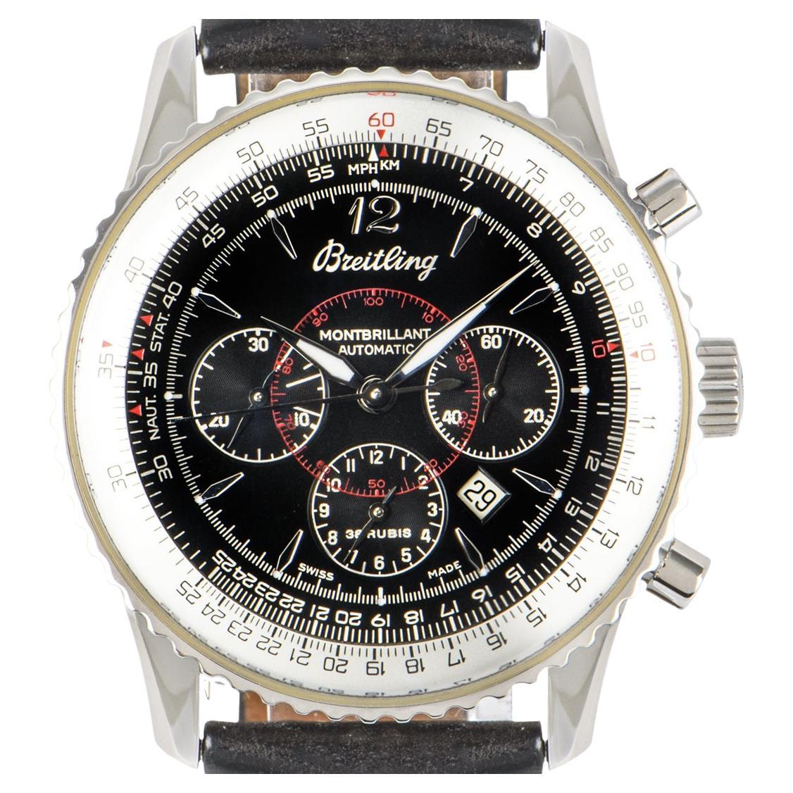 A stainless steel 38mm Montbrilliant from the Navitimer collection by Breitling.

The black dial features applied hour markers with a silver tachymeter scale around the outer edge and encased with sapphire crystal. On the reverse side, is a
