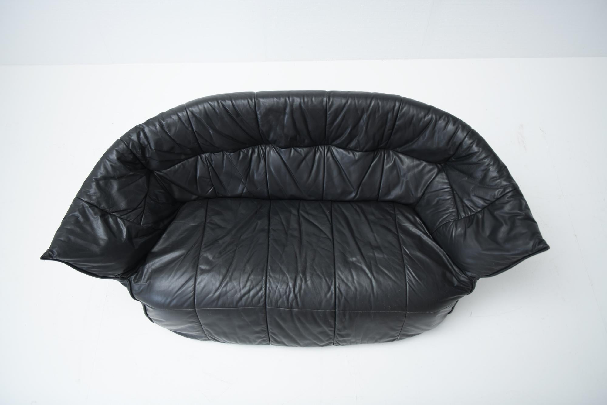 Mid-Century Modern Brigantin Black Leather Sofa, Michel Ducaroy, Ligne Roset France