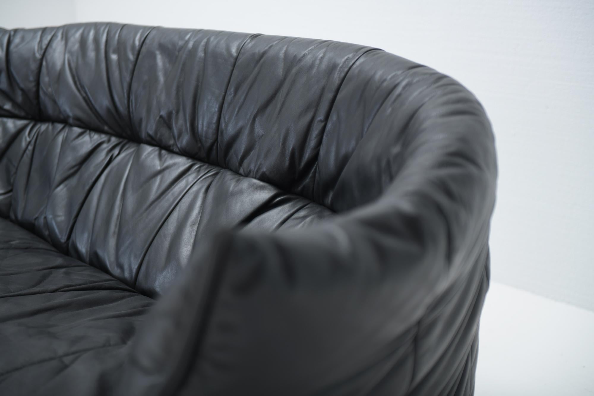 French Brigantin Black Leather Sofa, Michel Ducaroy, Ligne Roset France