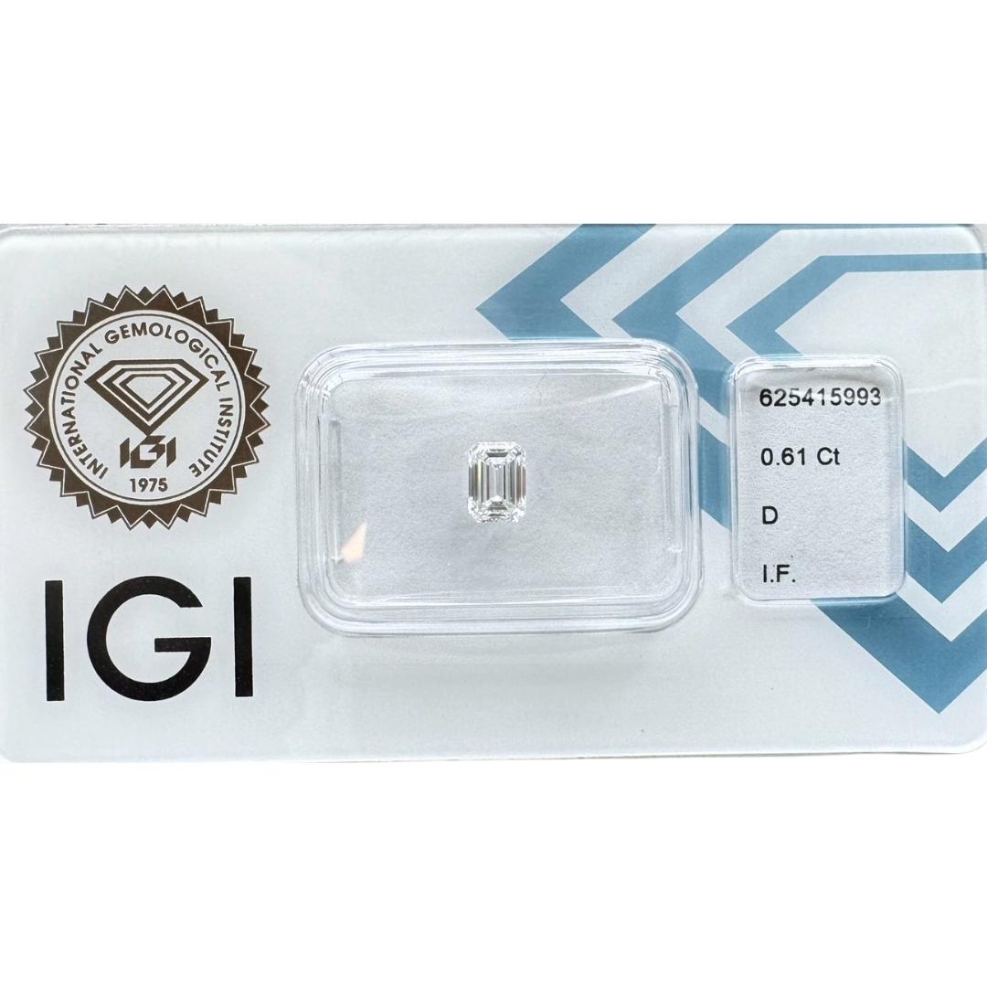 Bright 0.61ct Ideal Cut Diamond - IGI Certified

A stunning 0.61-carat emerald cut diamond, boasting an exceptional color grade and clarity. It is certified by the IGI, ensuring its excellent quality and authenticity. It comes within a security