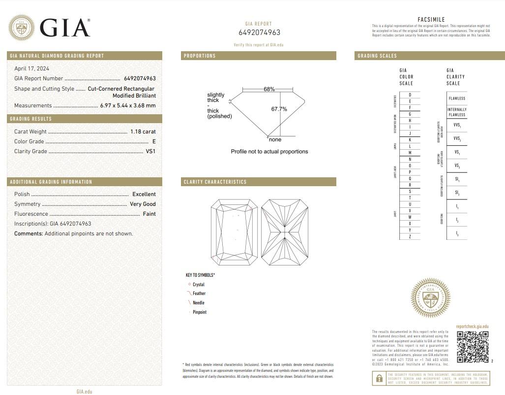 Bright 1.18ct Ideal Cut Natural Diamond - GIA Certified

A beautifully crafted 1.18-carat diamond that combines a modern aesthetic with impeccable clarity and color. Its unique cut-cornered rectangular shape enhances its visual appeal, offering a