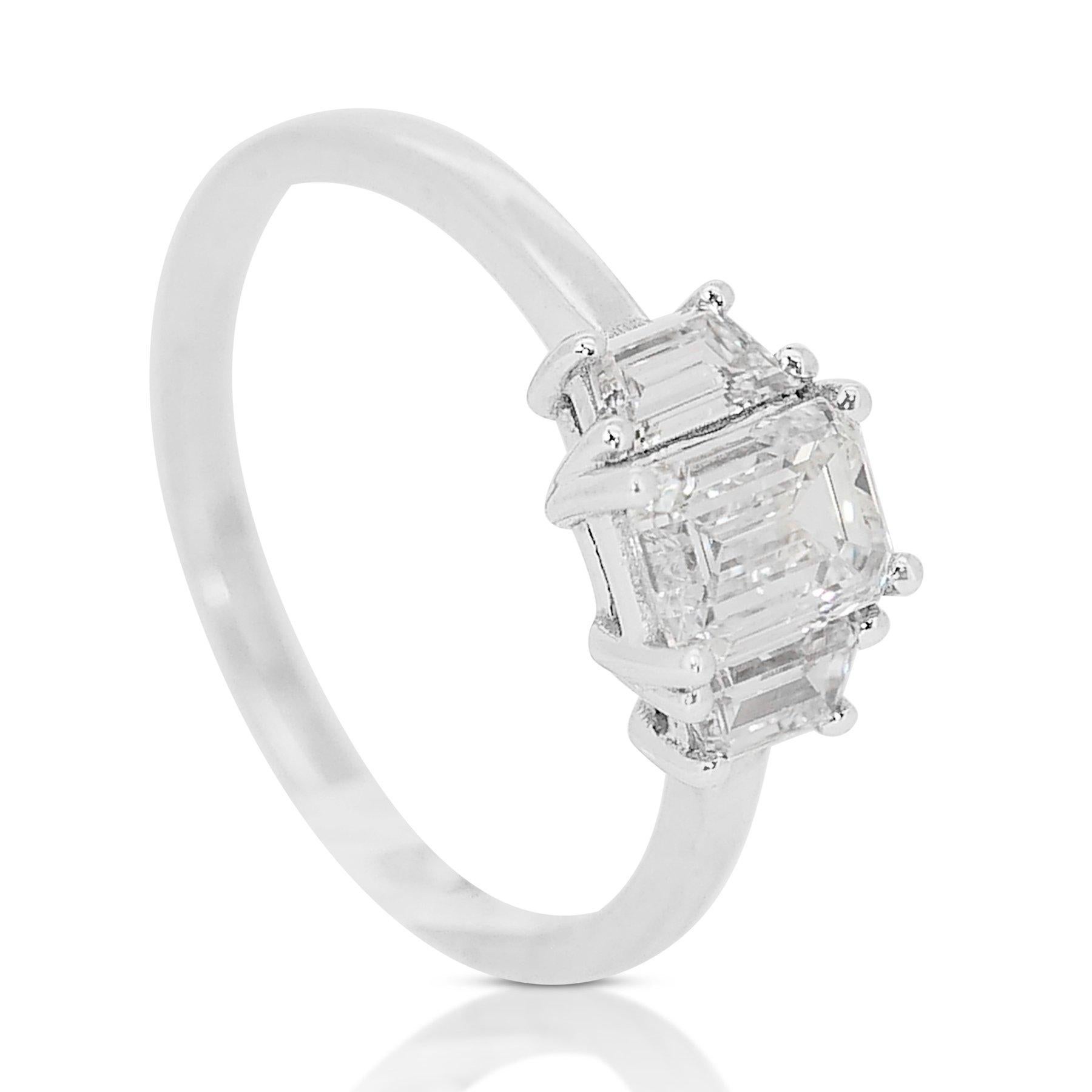 Bright 18K White Gold Natural Diamond 3 Stone Ring w/1.35 Carat - GIA Certified 

Featuring our radiant 18K White Gold Natural Diamond 3 Stone Ring, a brilliant embodiment of timeless sophistication and elegance. This stunning piece features a