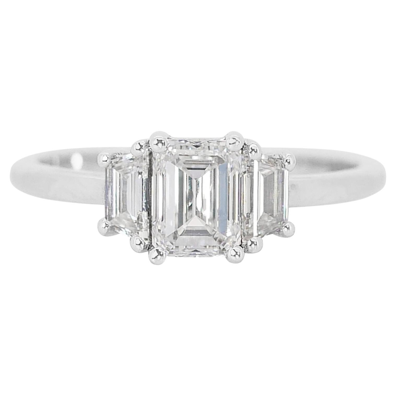 Bright 18K White Gold Natural Diamond 3 Stone Ring w/1.35 Carat - GIA Certified  For Sale
