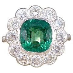 Bright 2.55ct Cushion Cut Emerald 1.20ct Diamond Cluster Ring in 18ct White Gold