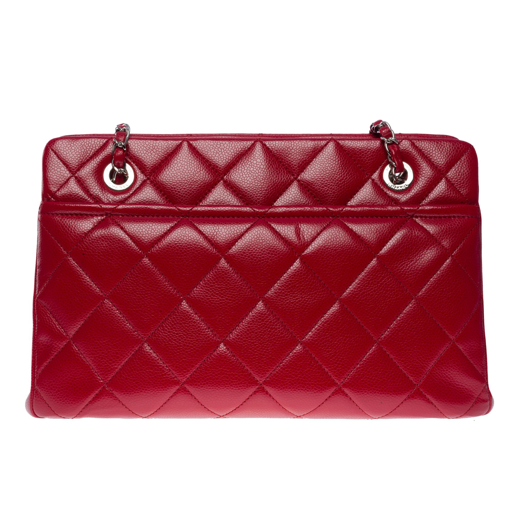 Bright & Amazing Chanel Shopping Tote bag in Red Caviar quilted leather, SHW In Excellent Condition For Sale In Paris, IDF