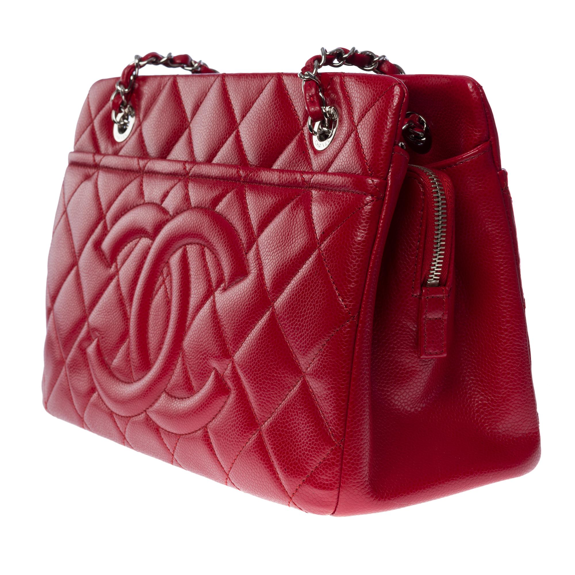 Bright & Amazing Chanel Shopping Tote bag in Red Caviar quilted leather, SHW In Excellent Condition In Paris, IDF
