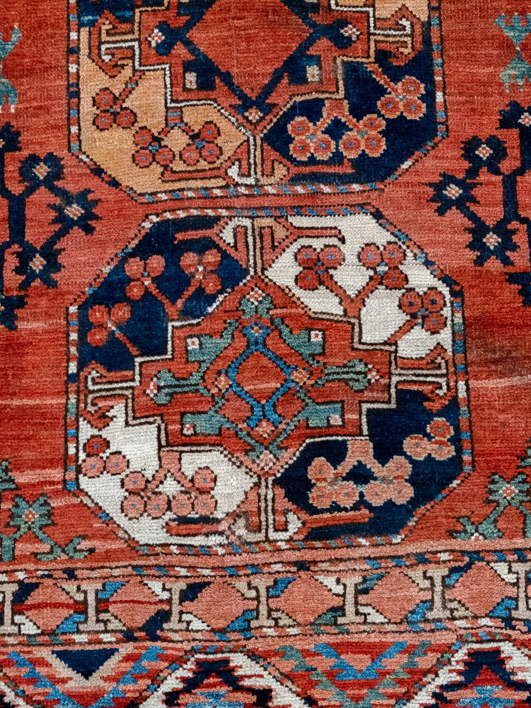 Late 19th Century Hand-Knotted Bright and Brilliant Antique Persian Ersari Carpet, Wool, 7' x 9' For Sale