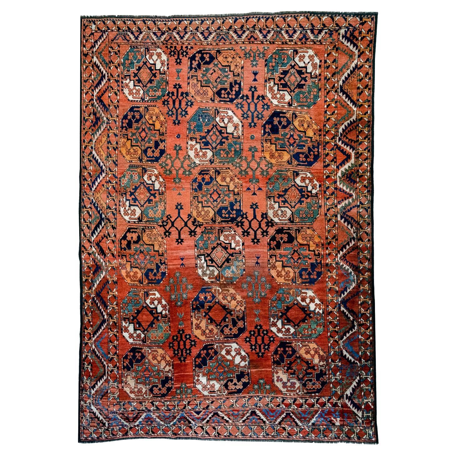 Tapis persan antique Ersari, noué à la main, aux couleurs vives et brillantes, en laine, 7' x 9'
