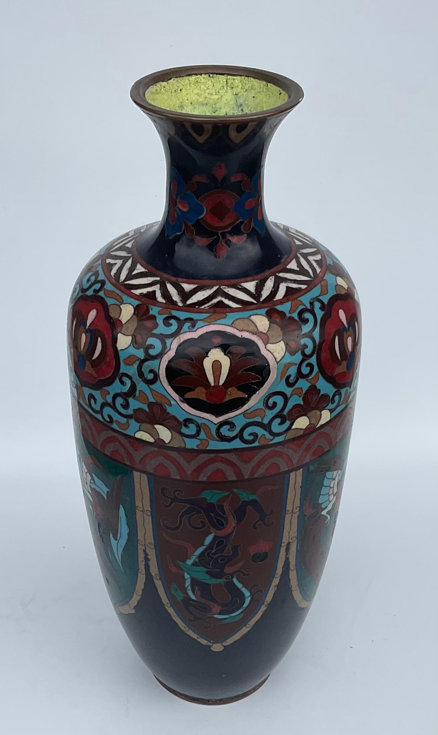 Bright and Colorful Chinese Multi Color Cloisonné Vase with Panels of Dragons In Good Condition For Sale In Ann Arbor, MI