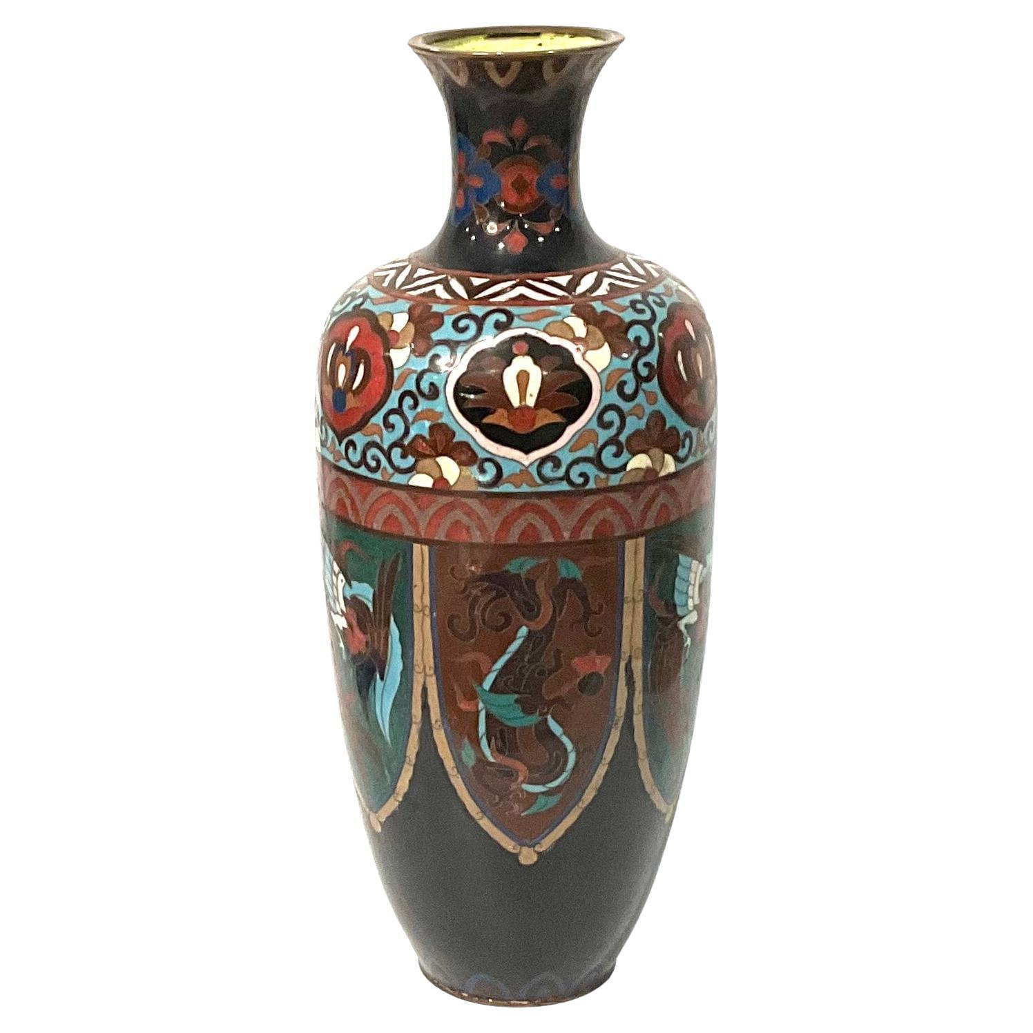 Bright and Colorful Chinese Multi Color Cloisonné Vase with Panels of Dragons For Sale