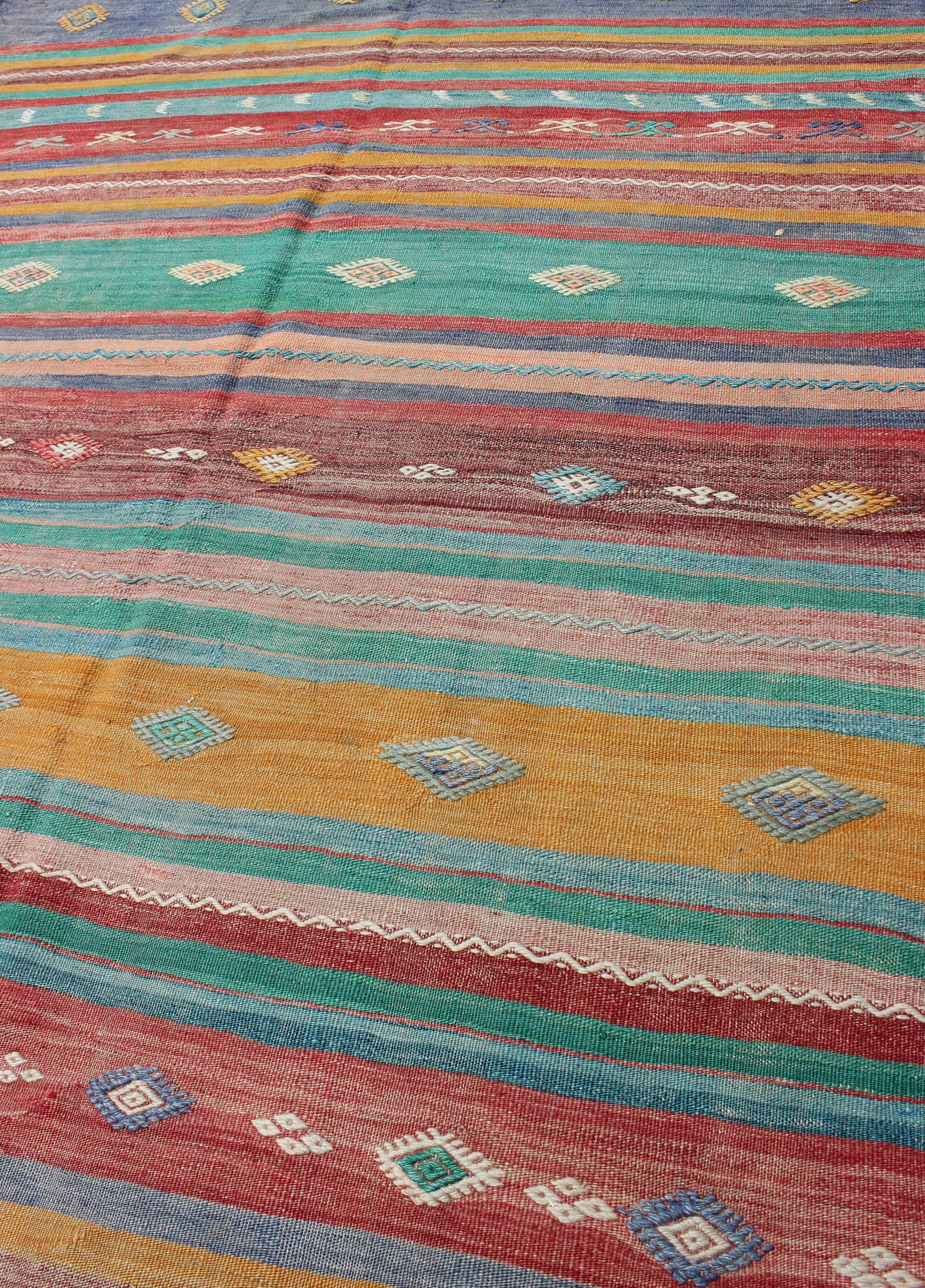 Bright and Colorful Flat-Weave Turkish Kilim Rug with Geometric Stripe Design For Sale 2