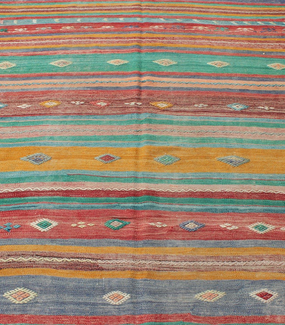 Bright and Colorful Flat-Weave Turkish Kilim Rug with Geometric Stripe Design For Sale 3