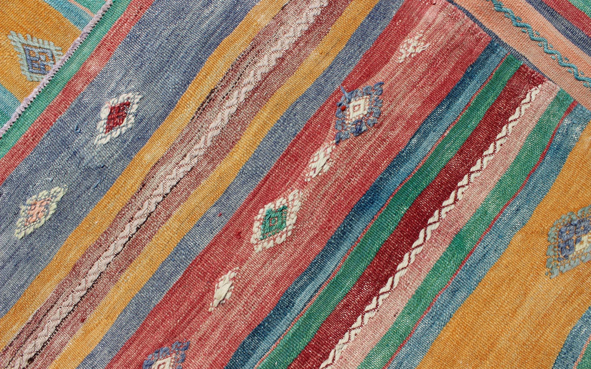 Bright and Colorful Flat-Weave Turkish Kilim Rug with Geometric Stripe Design For Sale 4