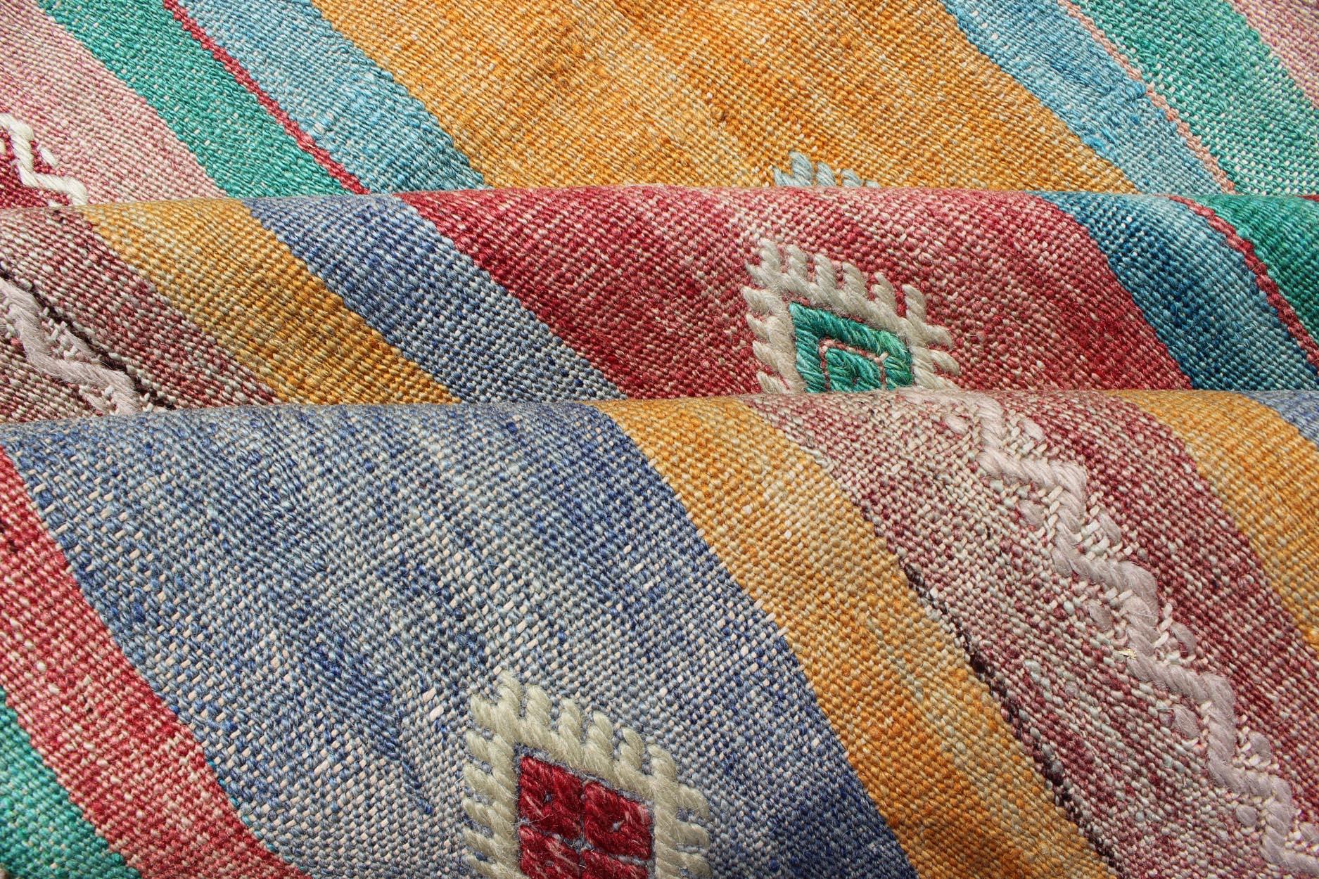 Hand-Woven Bright and Colorful Flat-Weave Turkish Kilim Rug with Geometric Stripe Design For Sale