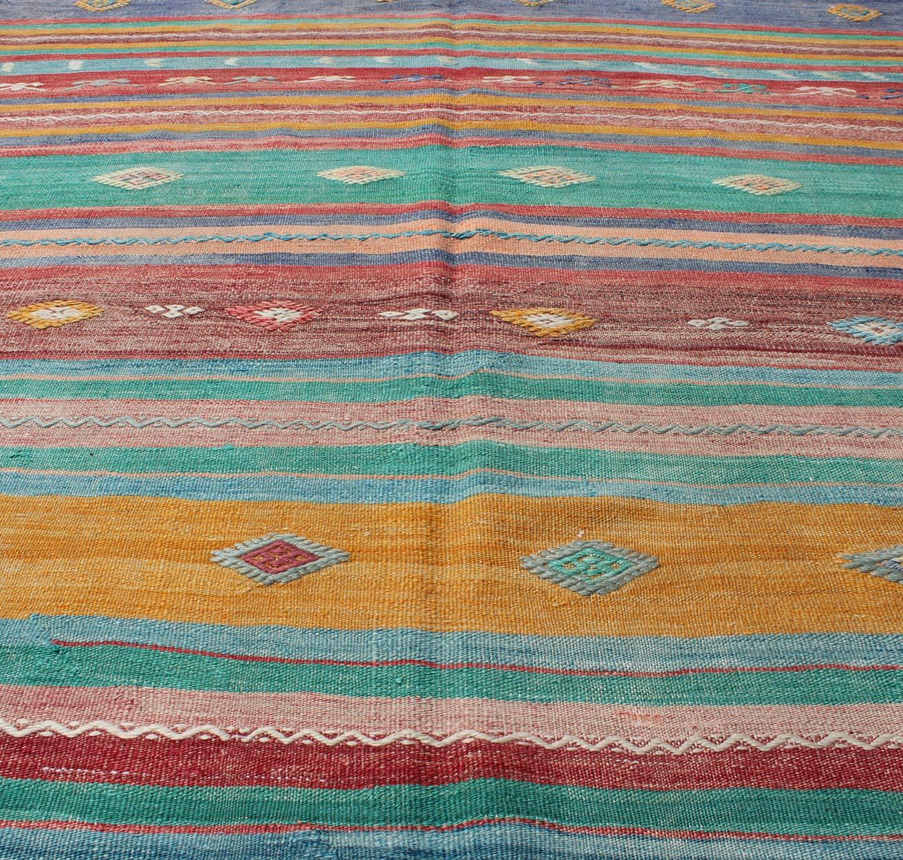 Bright and Colorful Flat-Weave Turkish Kilim Rug with Geometric Stripe Design In Excellent Condition For Sale In Atlanta, GA