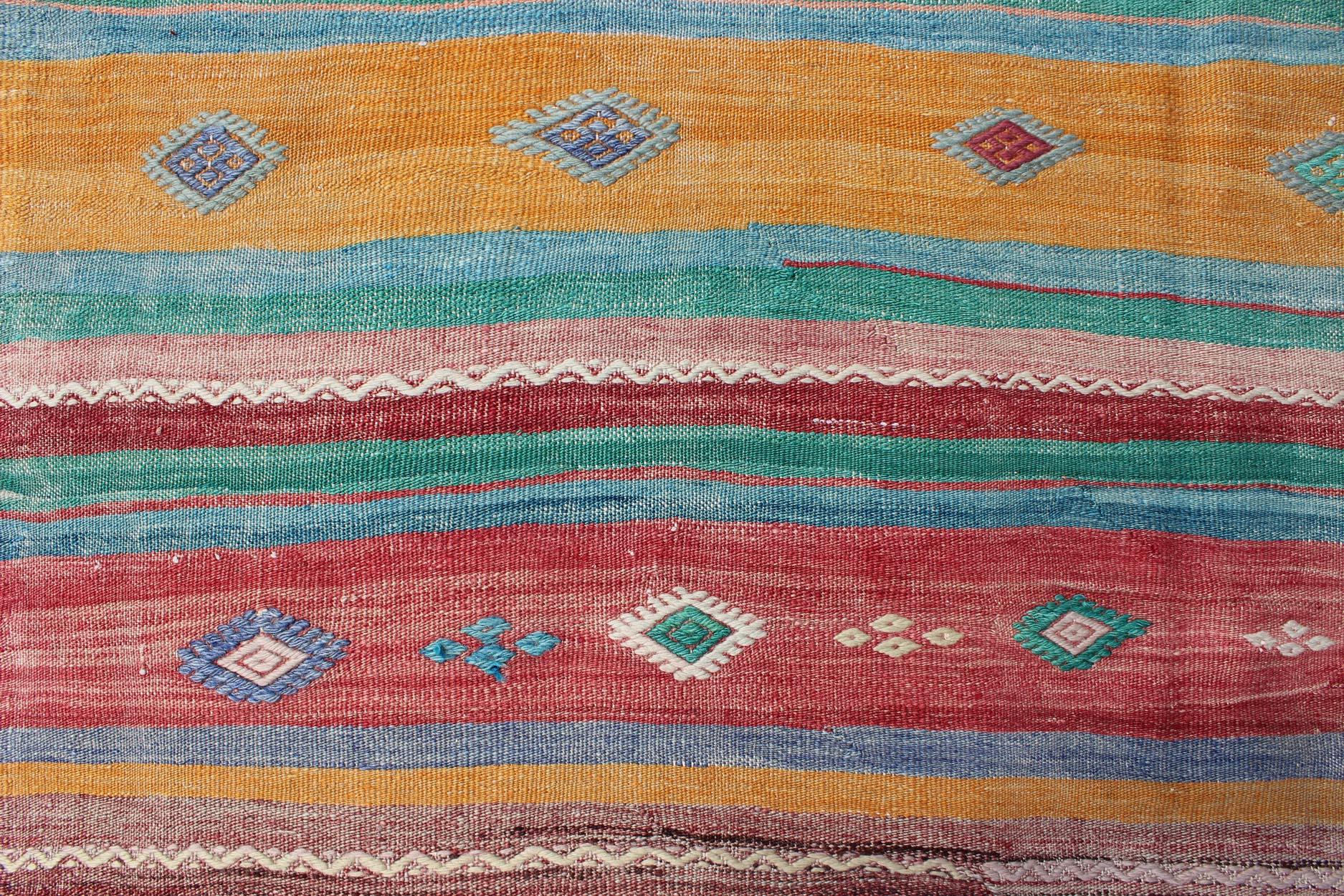 Wool Bright and Colorful Flat-Weave Turkish Kilim Rug with Geometric Stripe Design For Sale