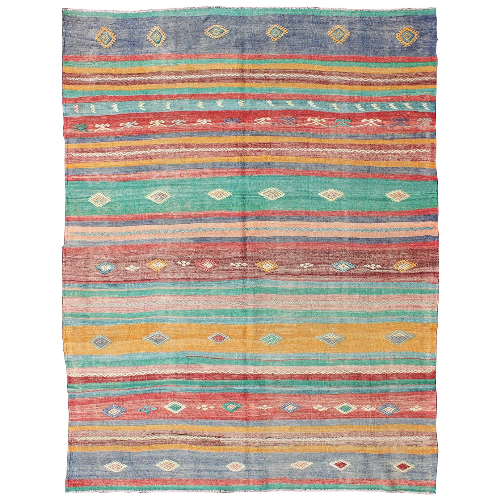 Bright and Colorful Flat-Weave Turkish Kilim Rug with Geometric Stripe Design For Sale