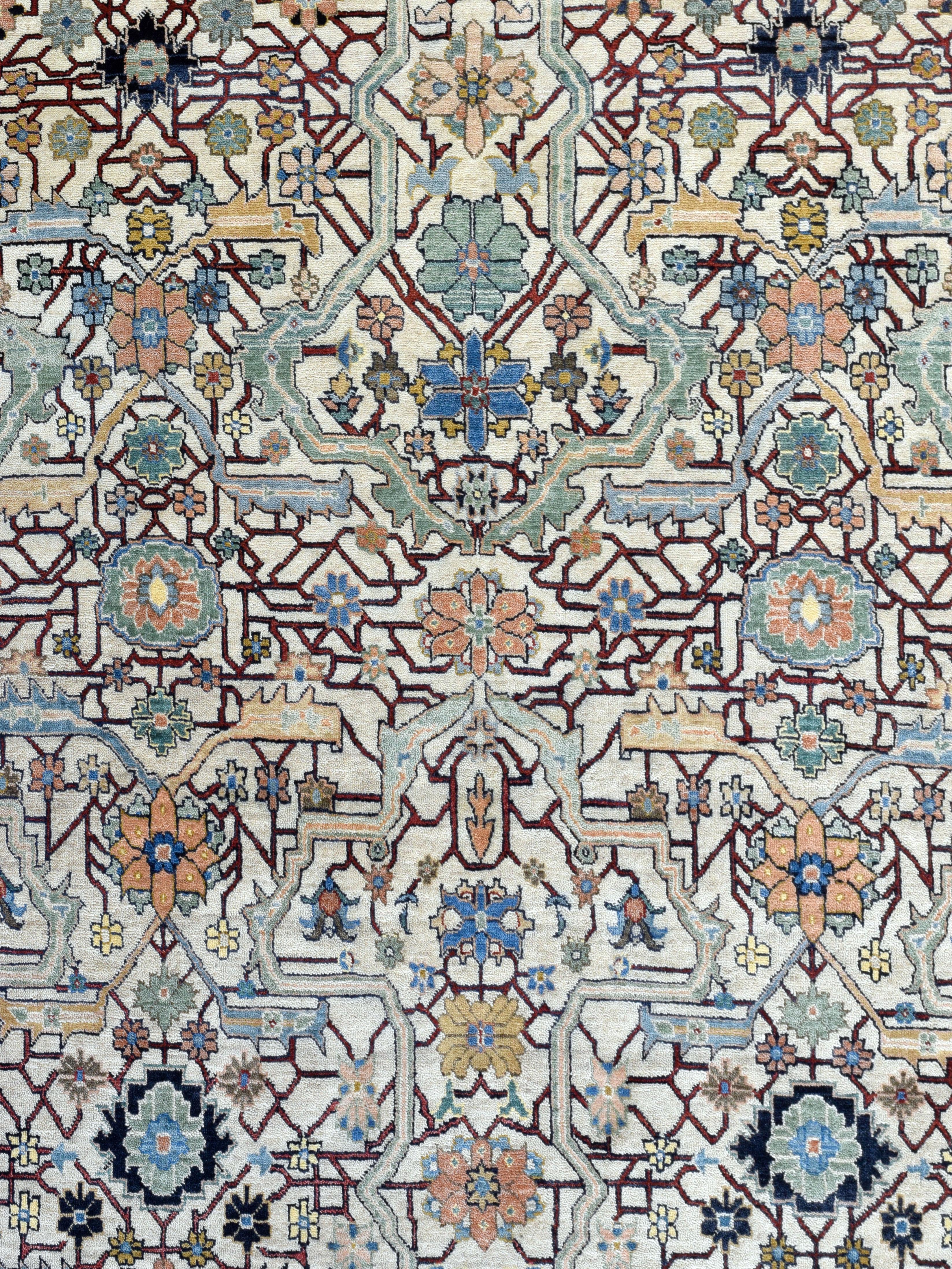 Featuring an all-over geometric and tribal pattern, this hand-knotted Persian Heriz Serapi carpet measures 8'1