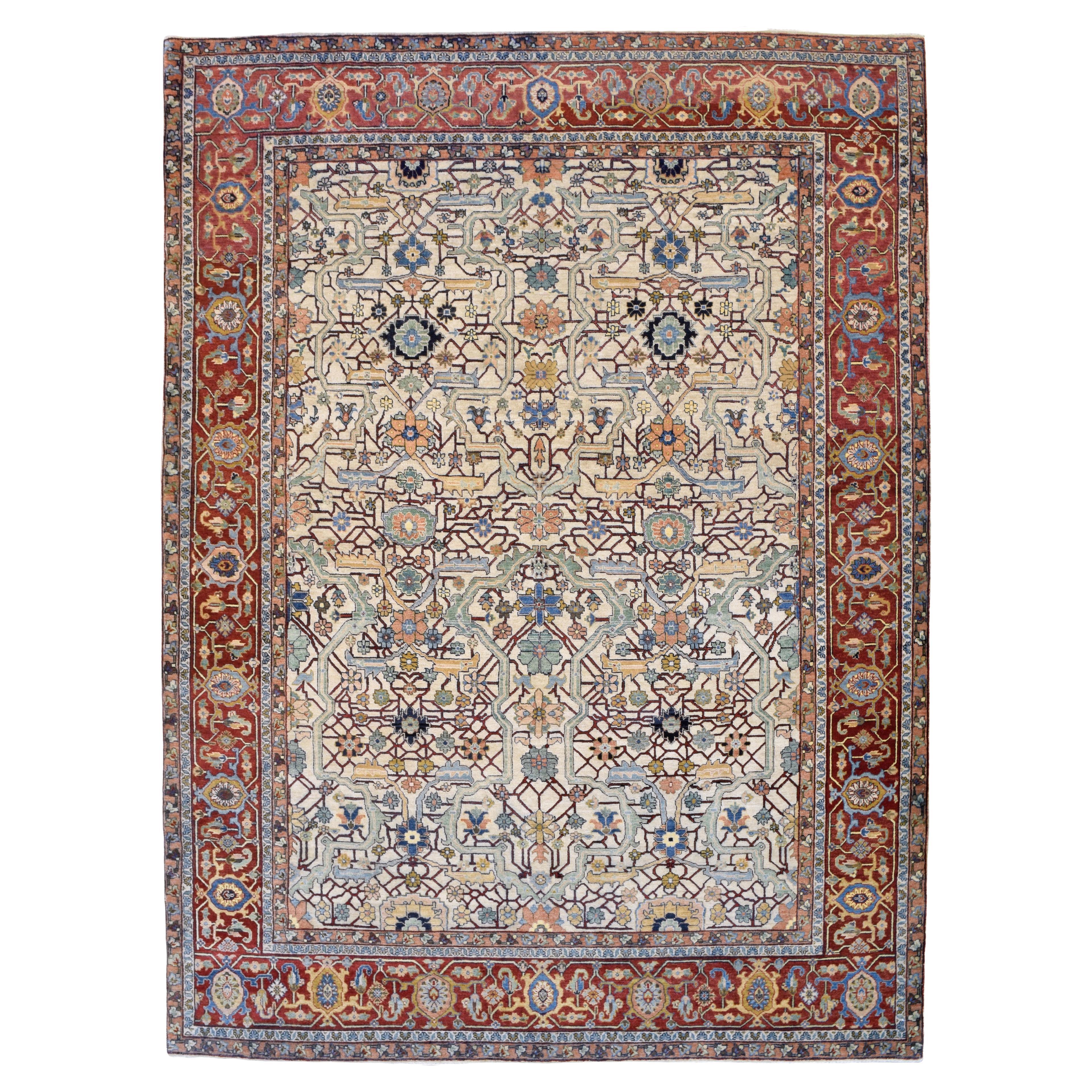Hand-Knotted Transitional Heriz Serapi Wool Carpet, Red, Indigo, Cream, 8' x 10'