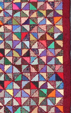 Bright and Multi Colors Vintage American Hooked Rug with Checkerboard Design