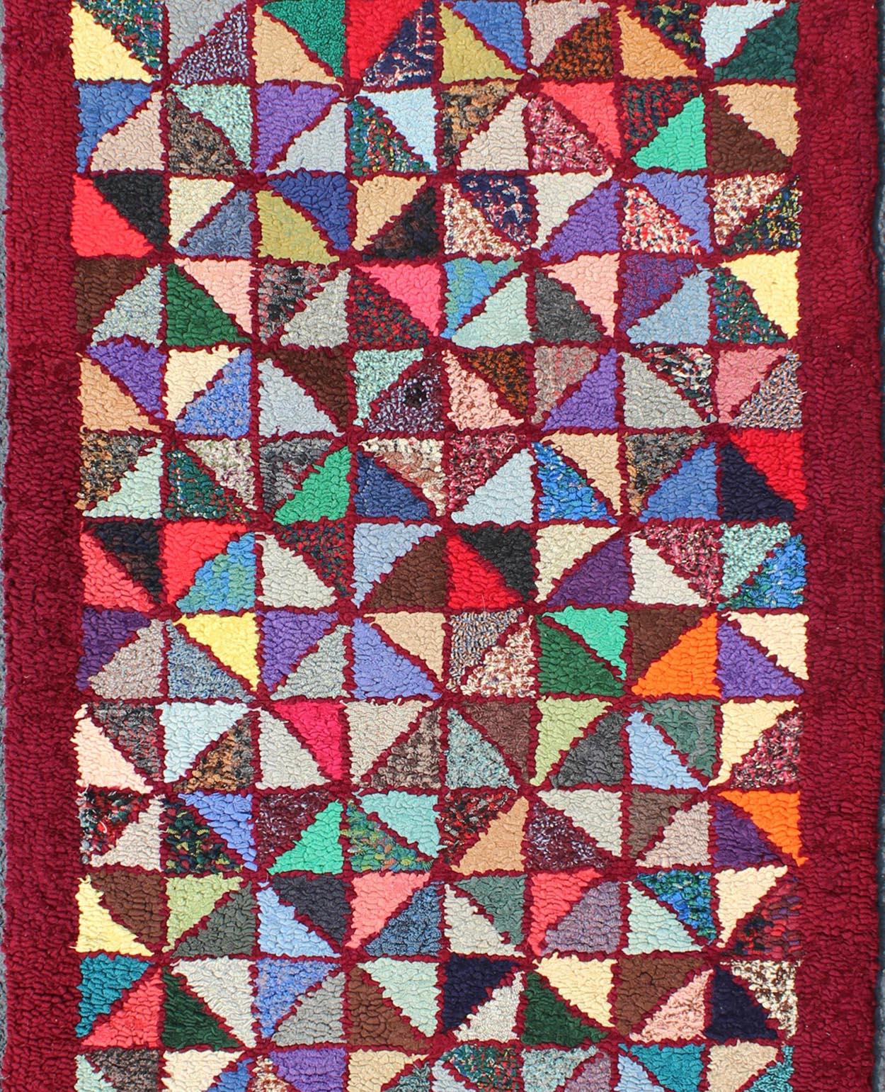 Hand-Woven Bright and Multi Colors Vintage American Hooked Rug with Checkerboard Design For Sale