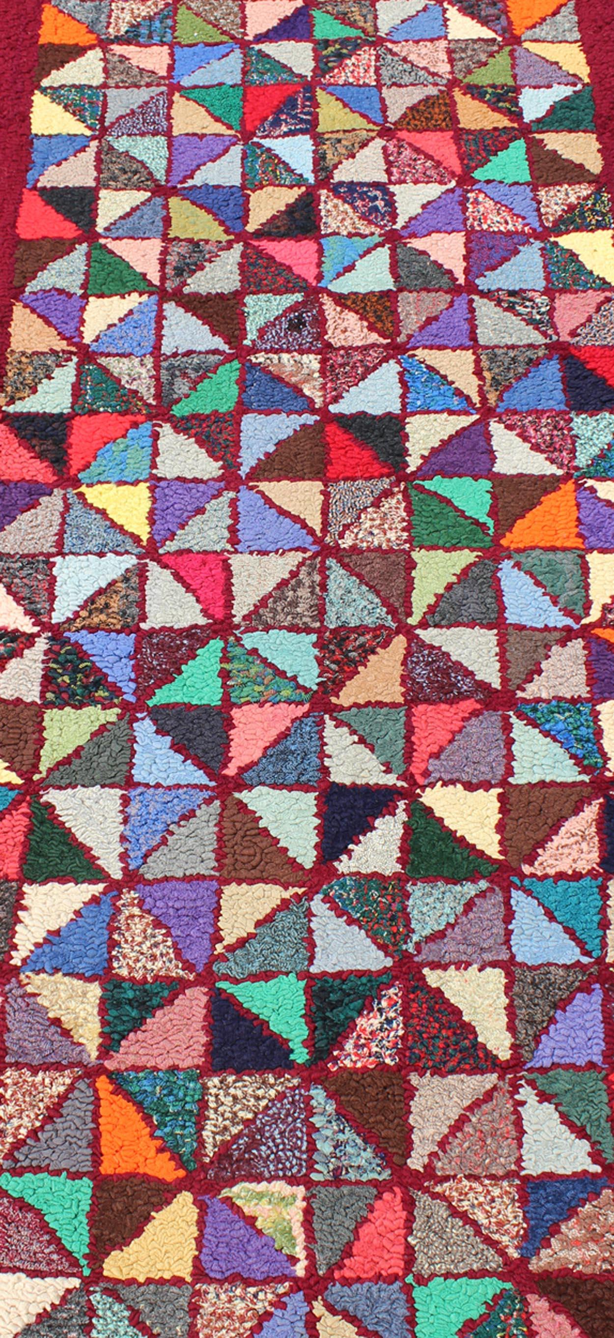 Bright and Multi Colors Vintage American Hooked Rug with Checkerboard Design In Good Condition For Sale In Atlanta, GA