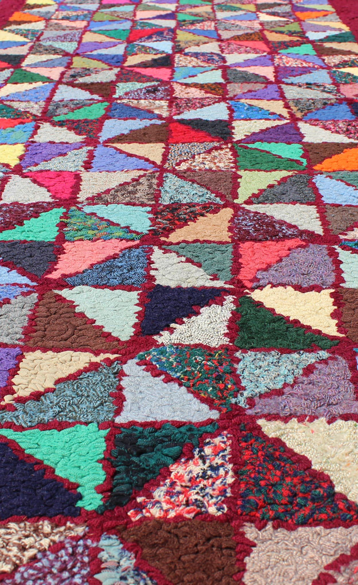 Wool Bright and Multi Colors Vintage American Hooked Rug with Checkerboard Design For Sale