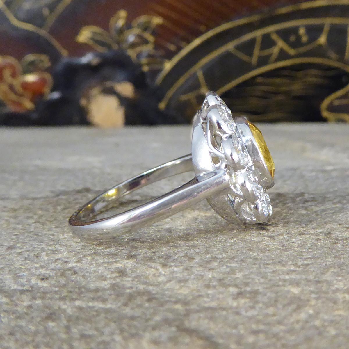 Edwardian Bright and Rich 2.90ct Cushioned Oval Yellow Sapphire and 1.30ct Diamond Cluster For Sale