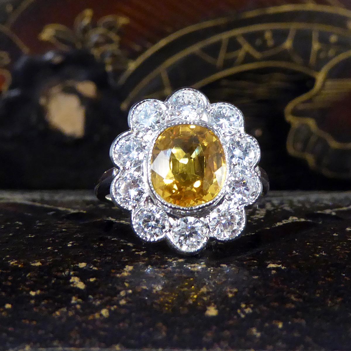 Bright and Rich 2.90ct Cushioned Oval Yellow Sapphire and 1.30ct Diamond Cluster For Sale 1