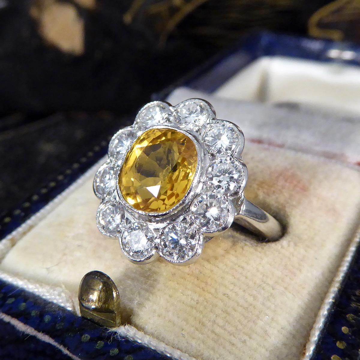 Bright and Rich 2.90ct Cushioned Oval Yellow Sapphire and 1.30ct Diamond Cluster For Sale 2