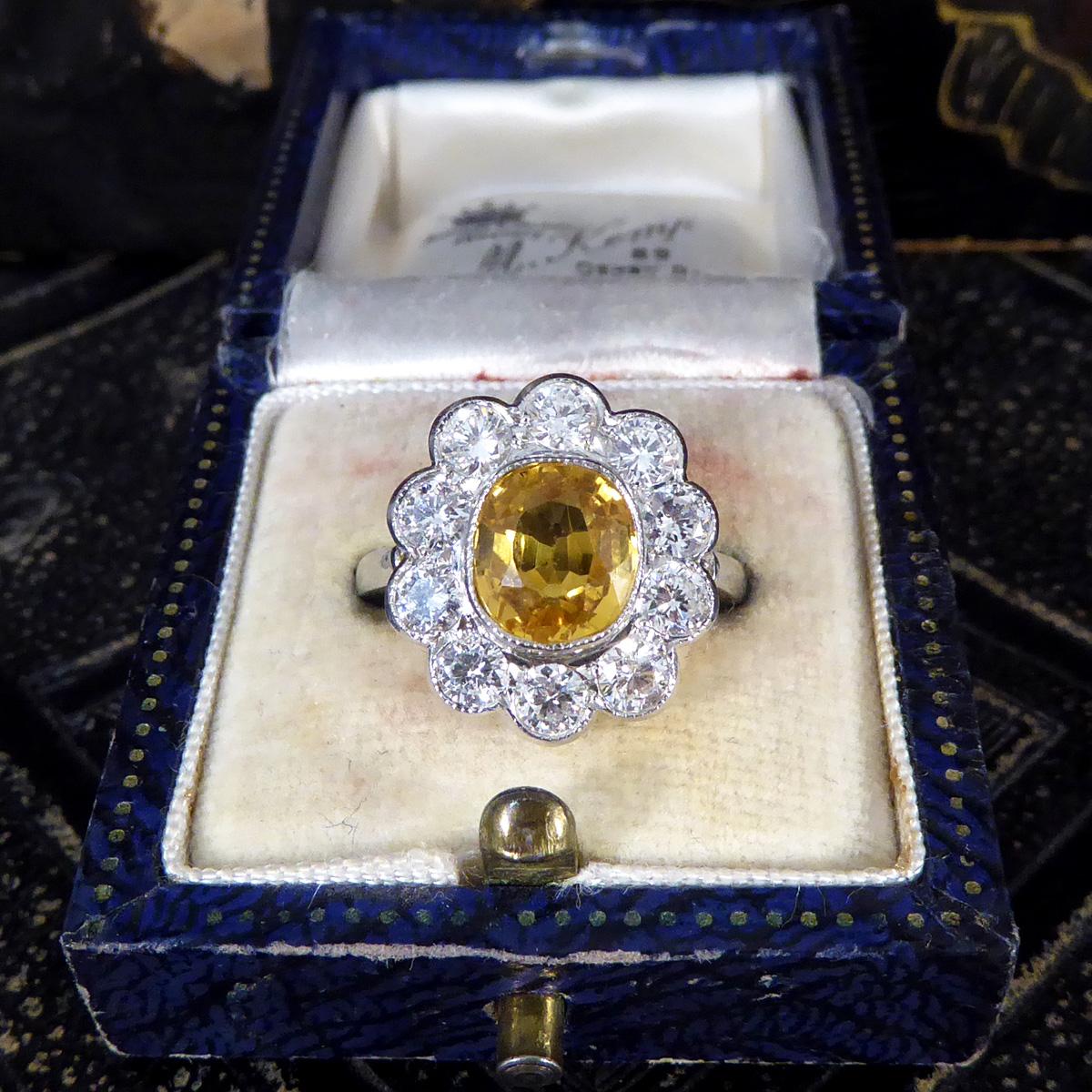 Bright and Rich 2.90ct Cushioned Oval Yellow Sapphire and 1.30ct Diamond Cluster For Sale 3