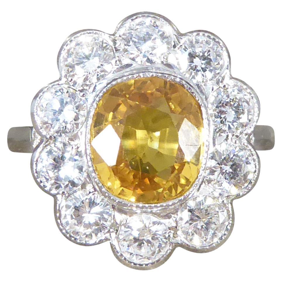 Bright and Rich 2.90ct Cushioned Oval Yellow Sapphire and 1.30ct Diamond Cluster For Sale