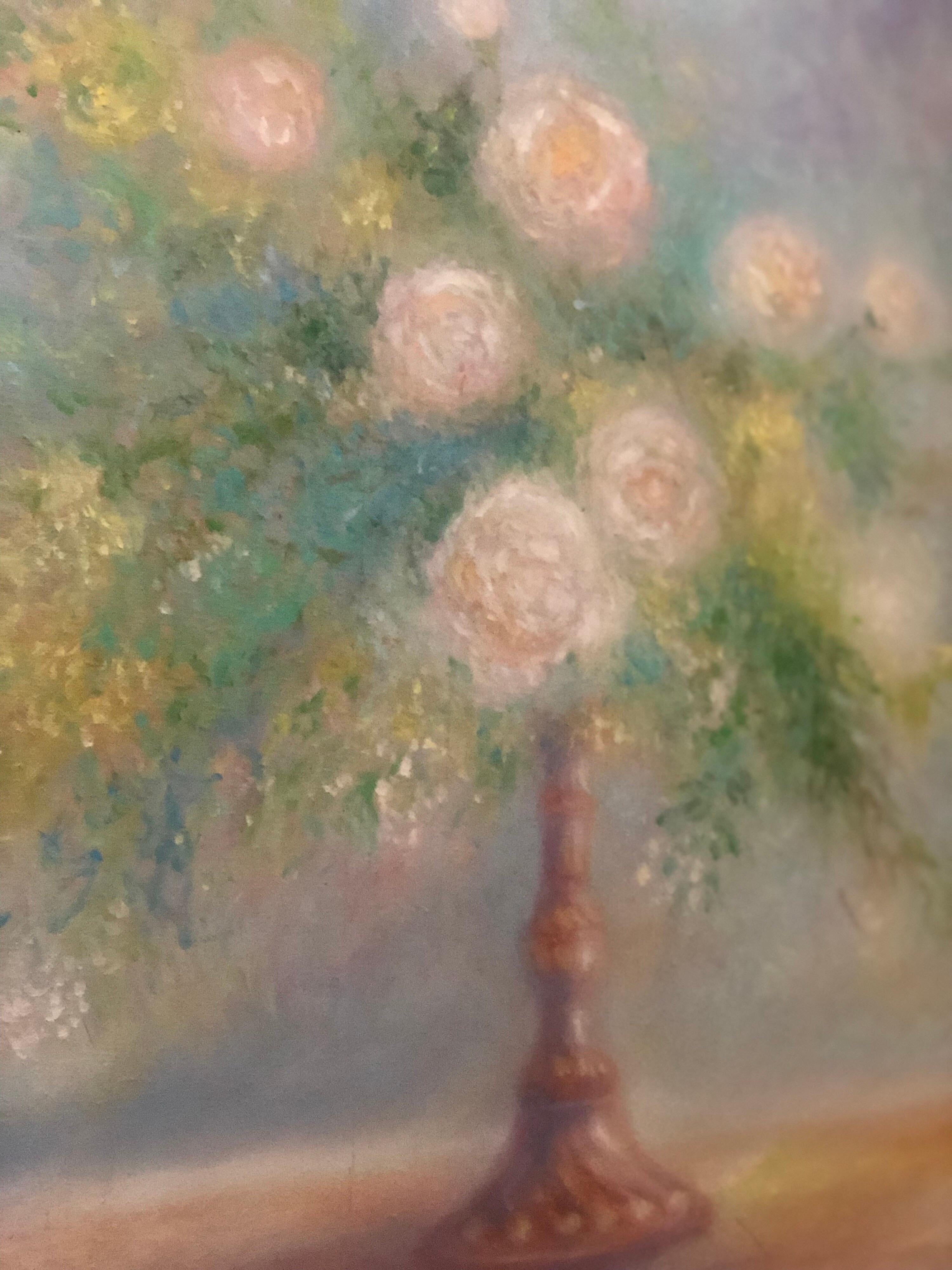 Bright and Vivid Gemälde Öl auf Leinwand „Vase mit Rosen“, signiert von Jean Fernand (Französisch) im Angebot
