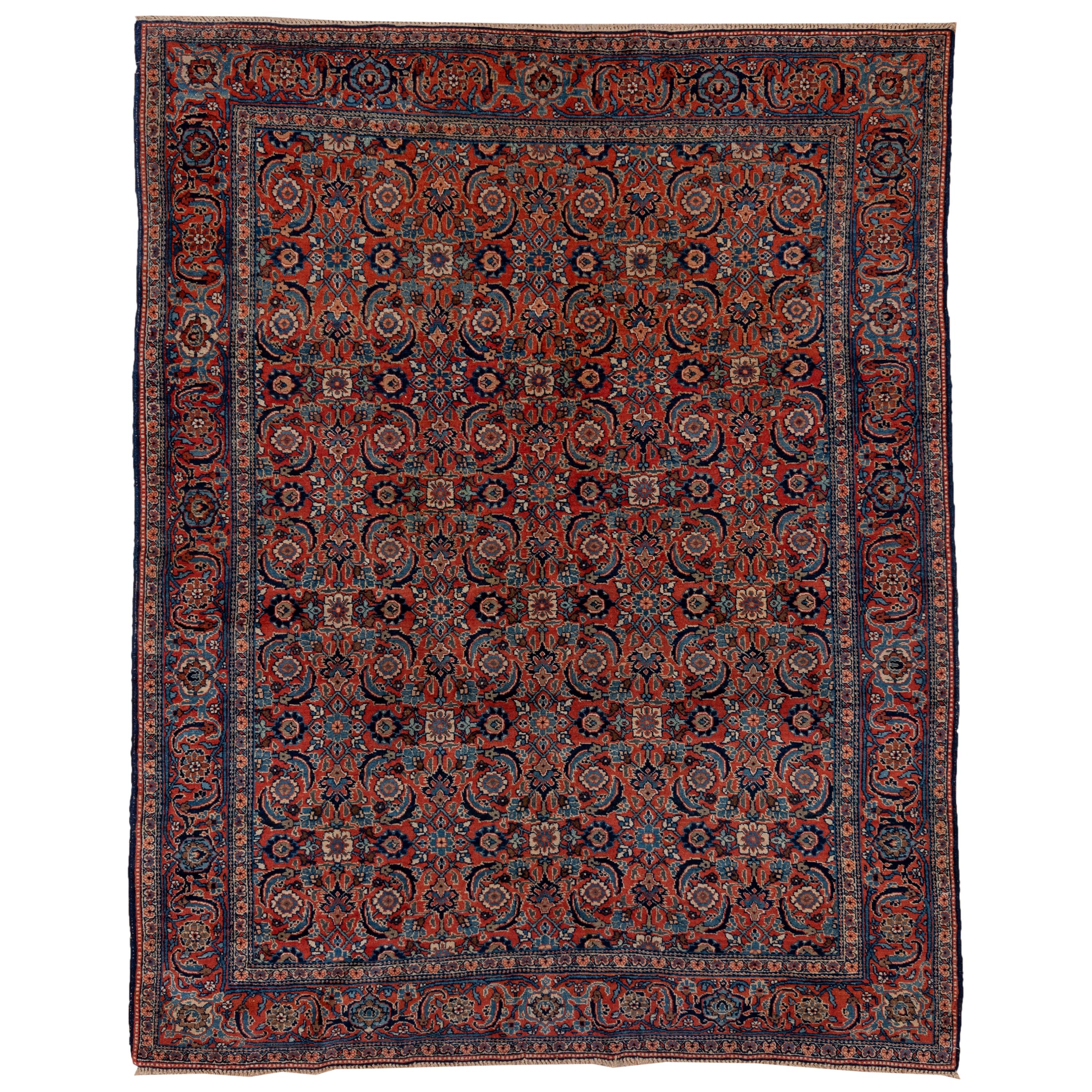 Antique Persian Tabriz Carpet, Rust Field, AllOver Field, Blue Border