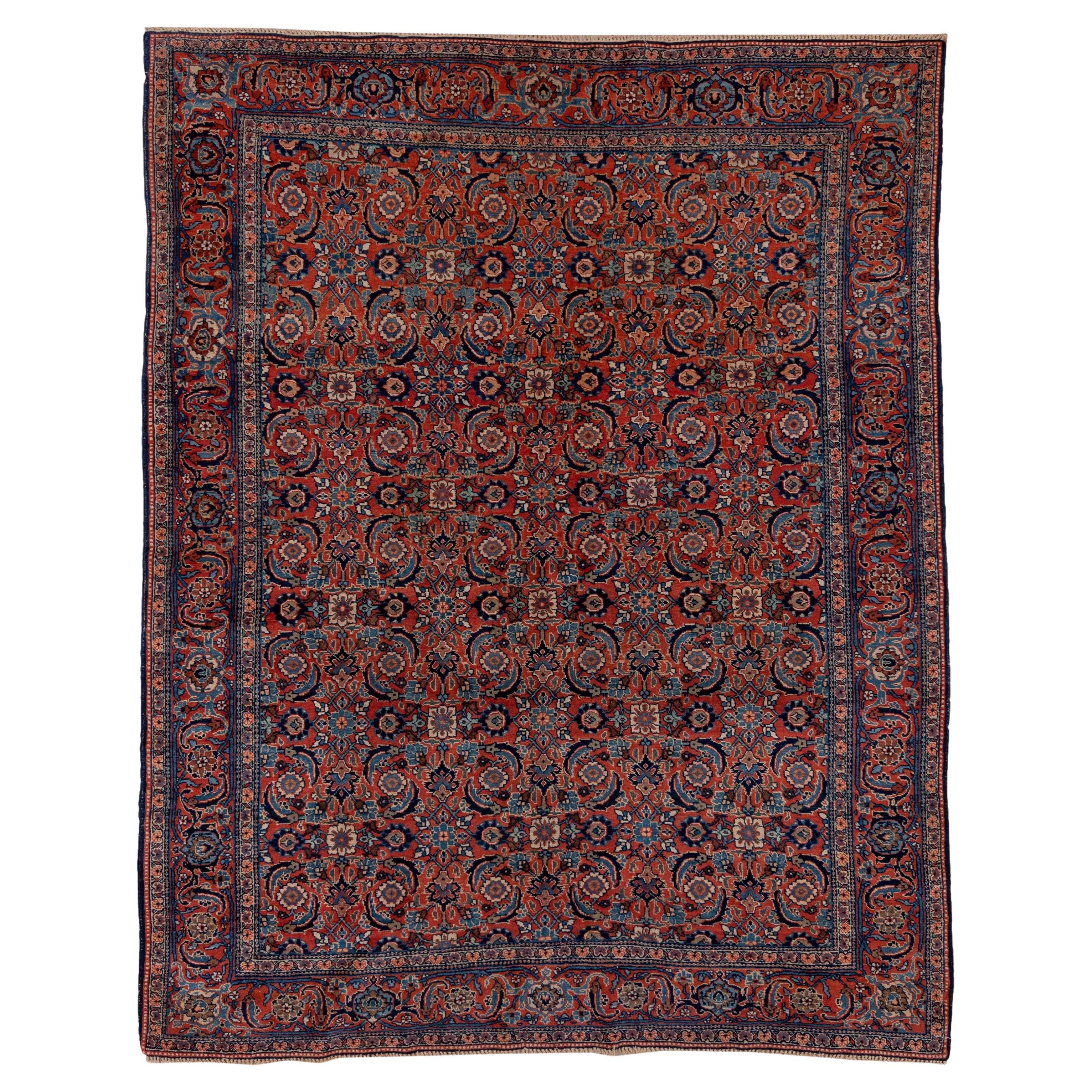 Bright Antique Persian Tabriz Carpet, All-Over Field, Red and Blue Tones, 1910s
