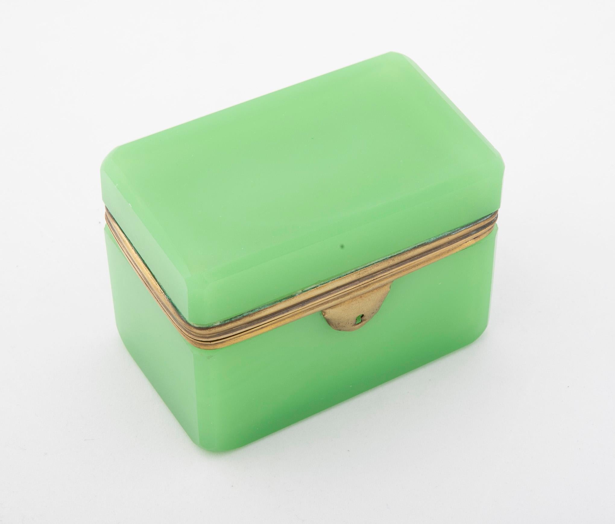 Late 19th century bright apple green opaline glass box with bronze mounts.