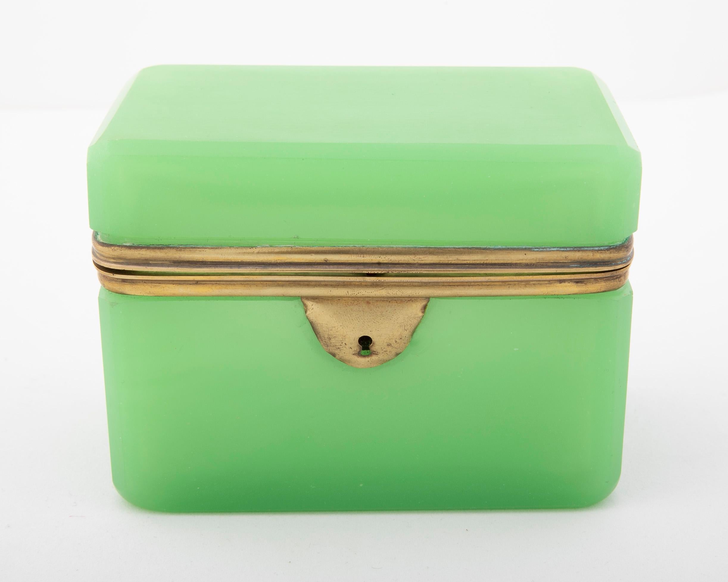French Bright Apple Green Opaline Glass Box with Bronze Mounts