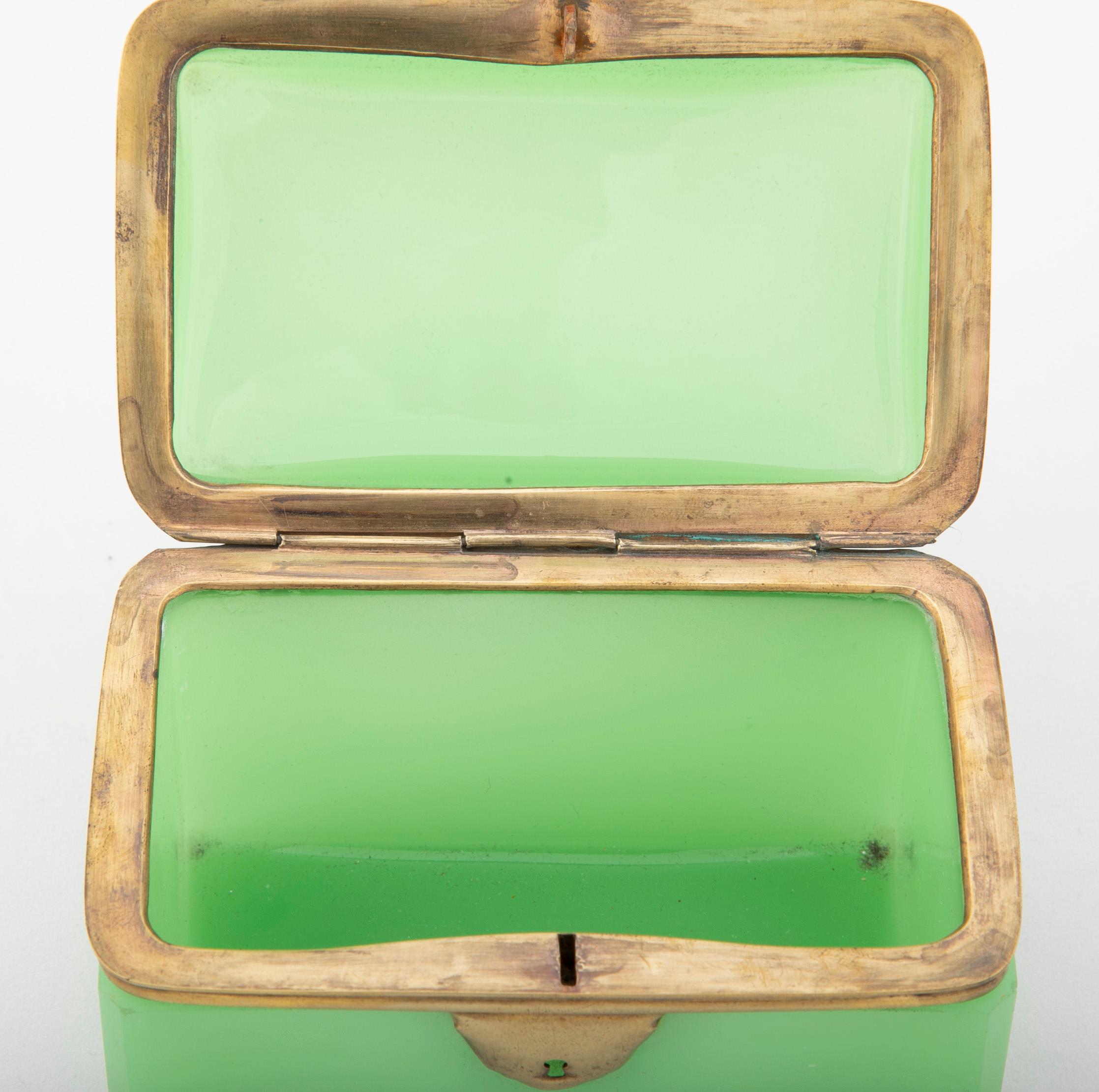 19th Century Bright Apple Green Opaline Glass Box with Bronze Mounts
