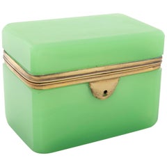 Antique Bright Apple Green Opaline Glass Box with Bronze Mounts