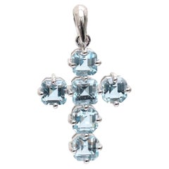 1.65ct Aquamarine & Diamond Cross Pendant Necklace in 18K White Gold